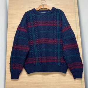 The Kensington Collection Hand Knit Wool Sweater Navy Blue Plaid Cable Knit L